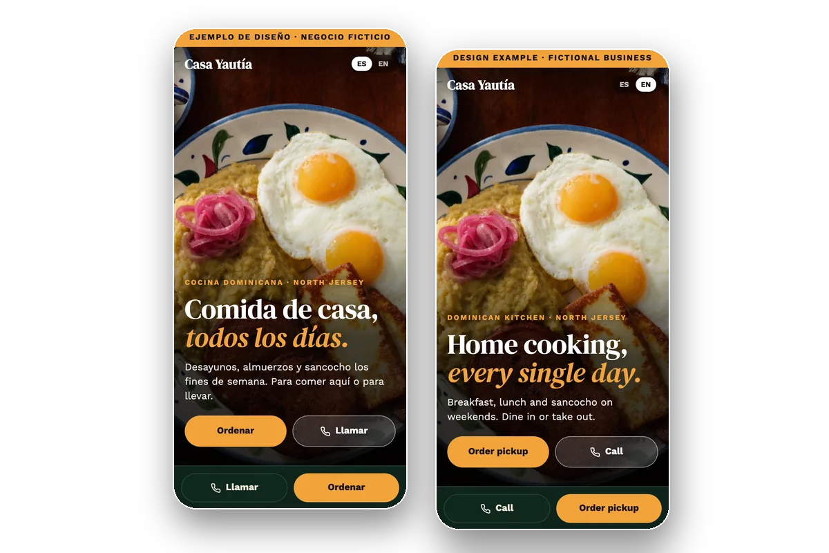 Ejemplo de diseño: la página de Casa Yautía, un restaurante ficticio, en español y en inglés en el celular